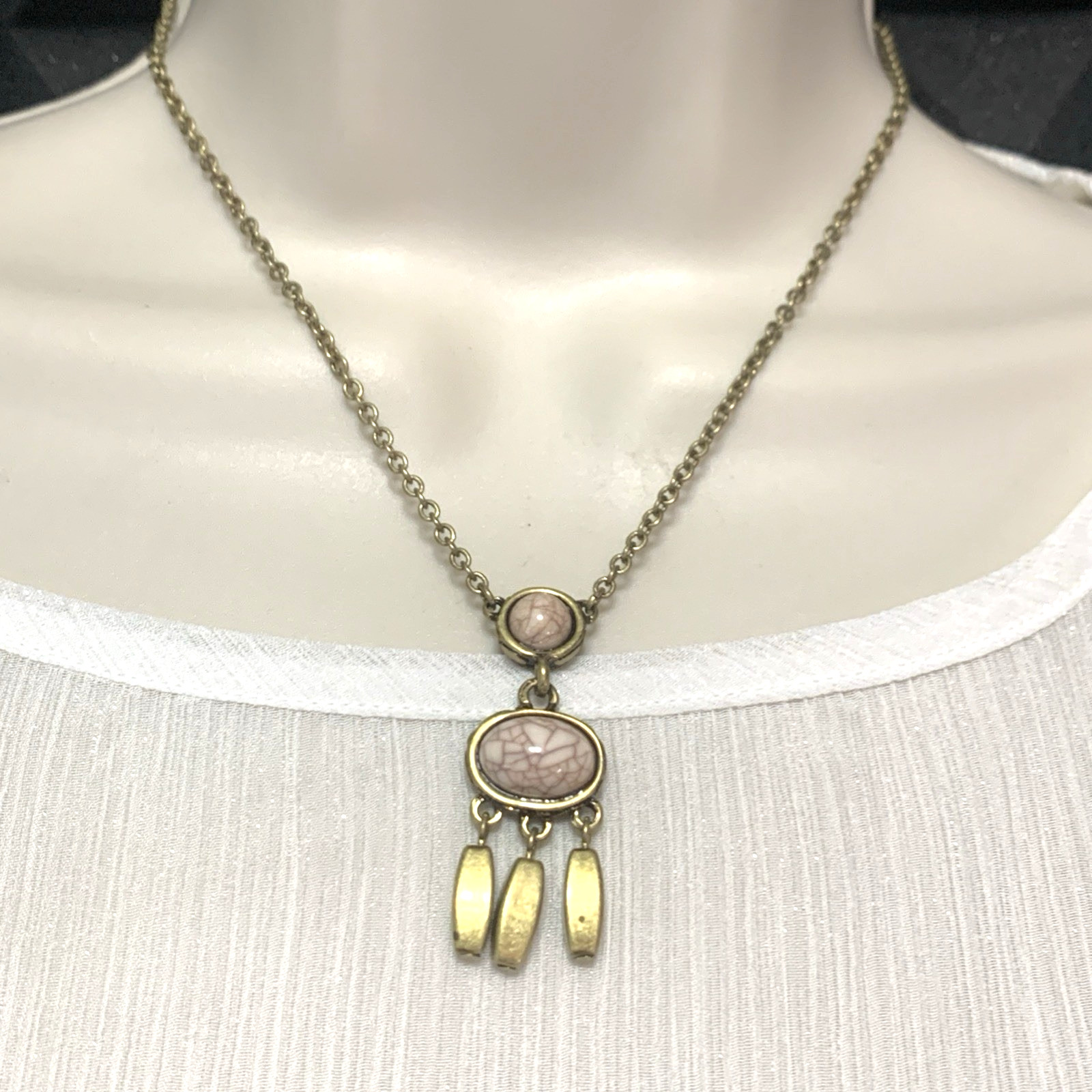 SHB Goldtone Brown/Tan Stone Cabochon Dangle Necklace