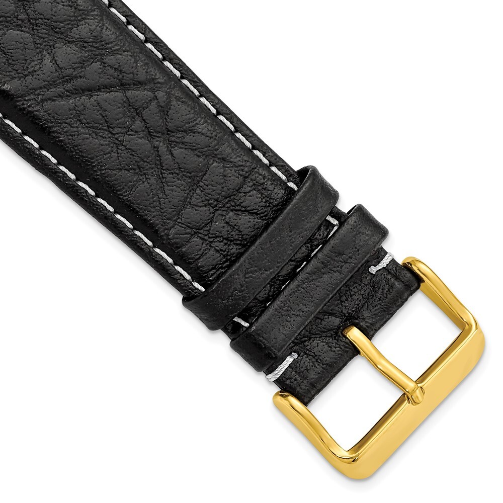 28mm 7.5″ Black Leather White Stitch Gold-tone Buckle Watch Band
