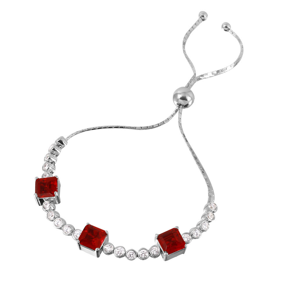 925 STERLING SILVER PAST/PRESENT/FUTURE BRACELET LAB CREATED DIAMONDS & RUBY