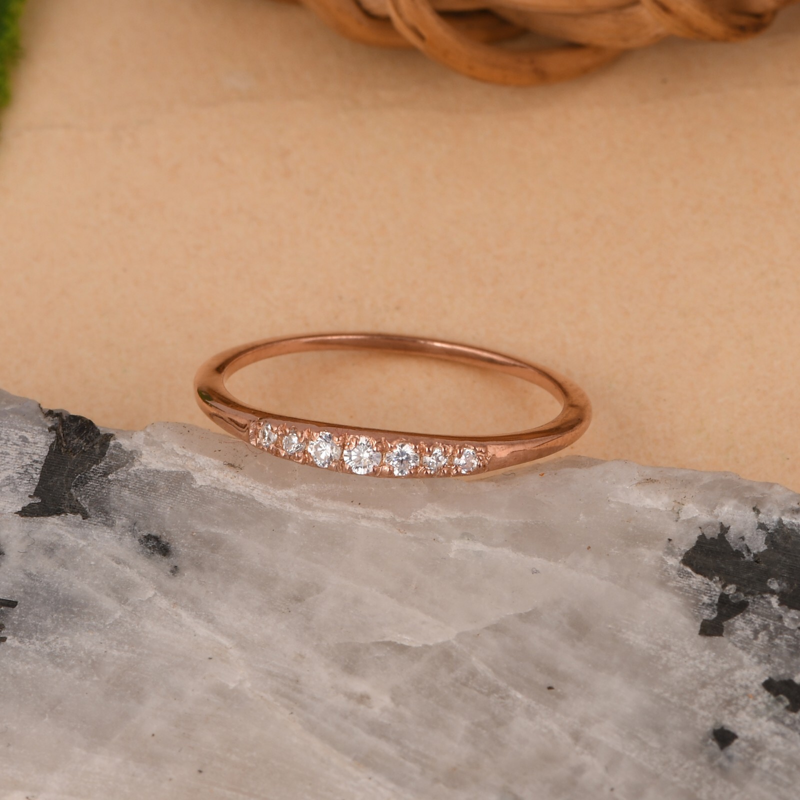 Pure 14k Rose Gold Band Ring With VSSI Certified Diamond Engagement Ring For Her
