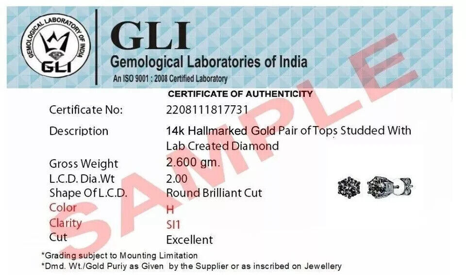 2 Carat IGI GLI HRD Lab Grown Diamond 14k Yellow Gold Round Womens Earrings Stud