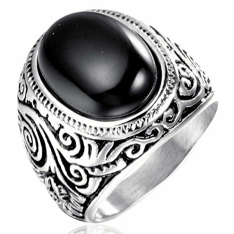 Stainless Steel Mens Oval Black Onyx Ring Size 7 8 9 10 11 12 13 14 15 Gift