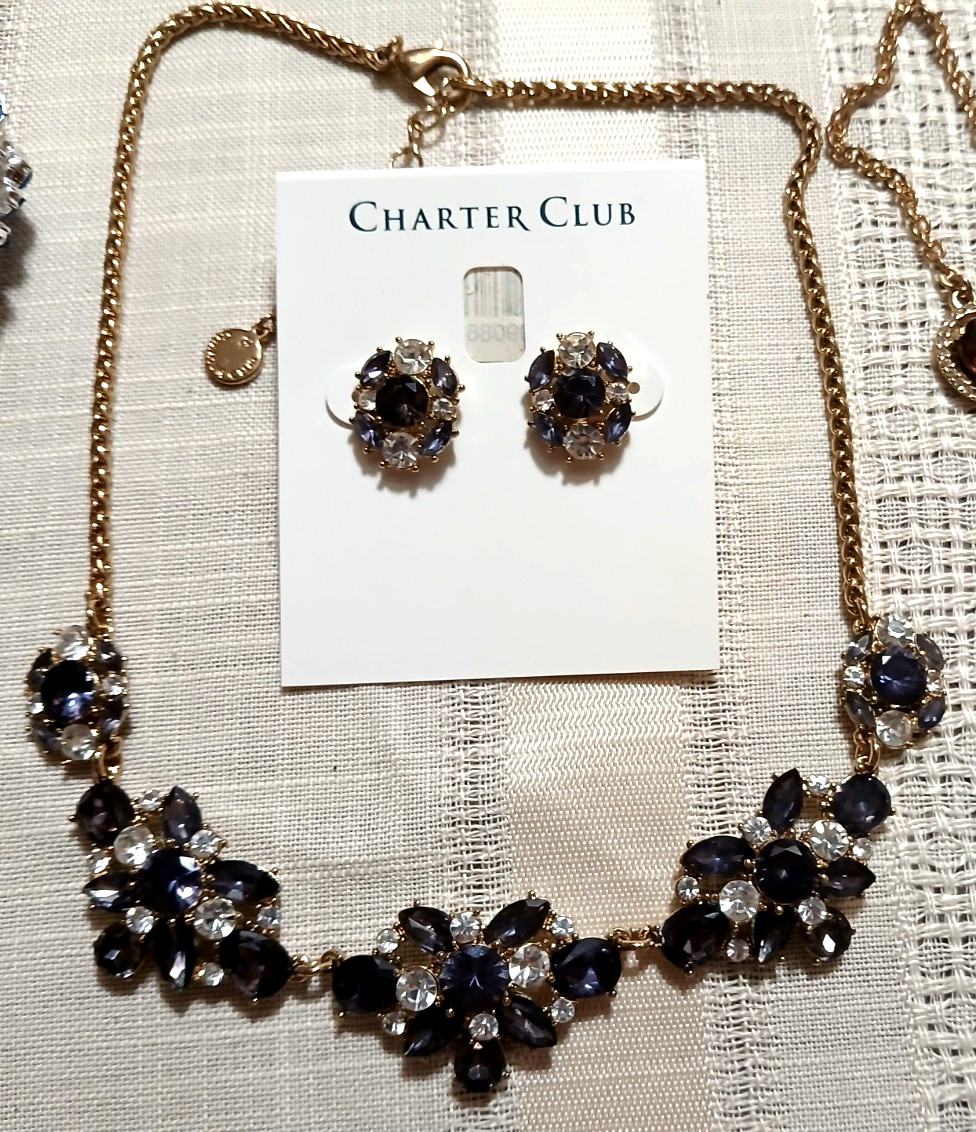 BEAUTIFUL CHARTER CLUB Purple & Blue LAYERED Gold Tone NECKLACE & EARRINGS SET
