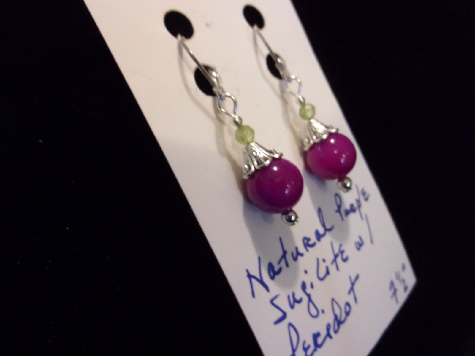 925 Natural Sugilite & Peridot Leverback Earrings w/Matching Bracelet 7 1/2″