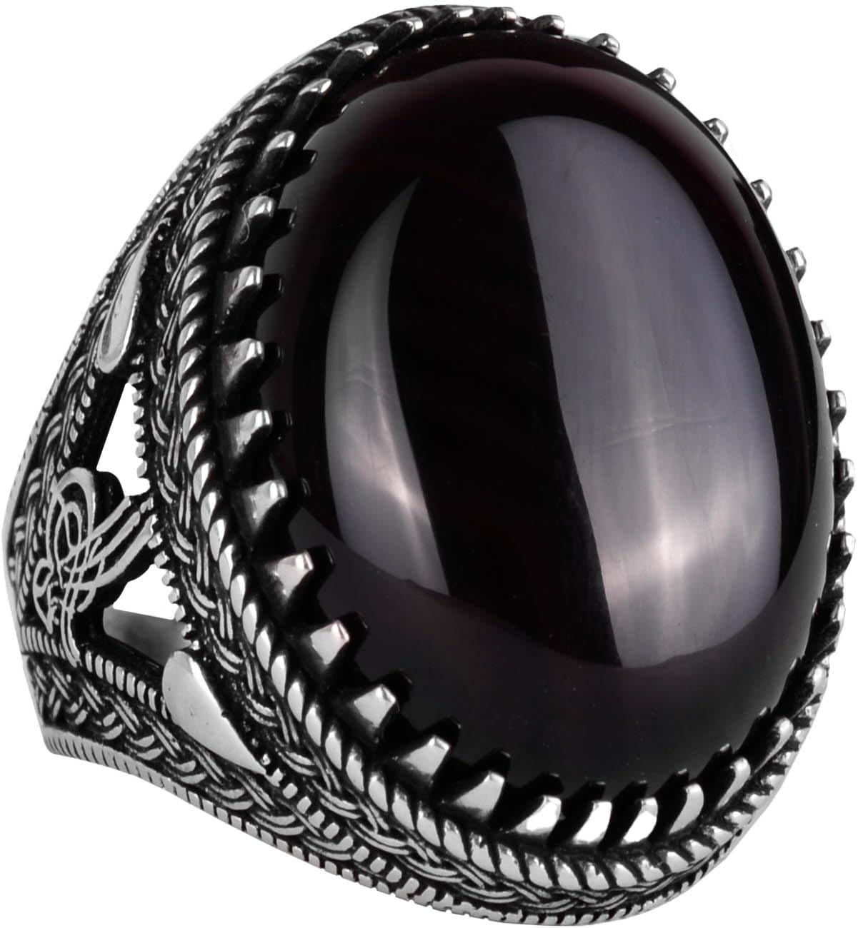 KAMBO 925 Sterling Silver Natural Obsidian Ottoman Men’s Ring Handmade Turkey