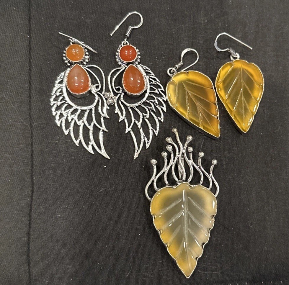 Silver Tone Simulated Gemstone Artisan Angel Wing Leaf Earrings & Pendant Lot 3