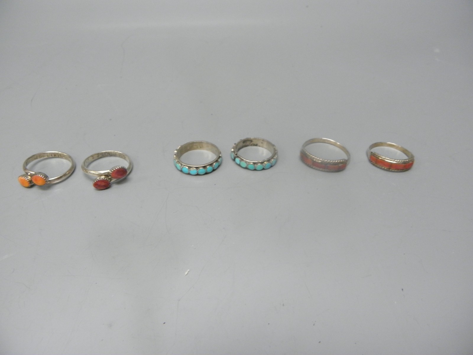 SIX NATIVE AMERICAN SILVER & STONE RINGS 2 MARKED M COONCIC 4.5,5,7.5,7,9.5