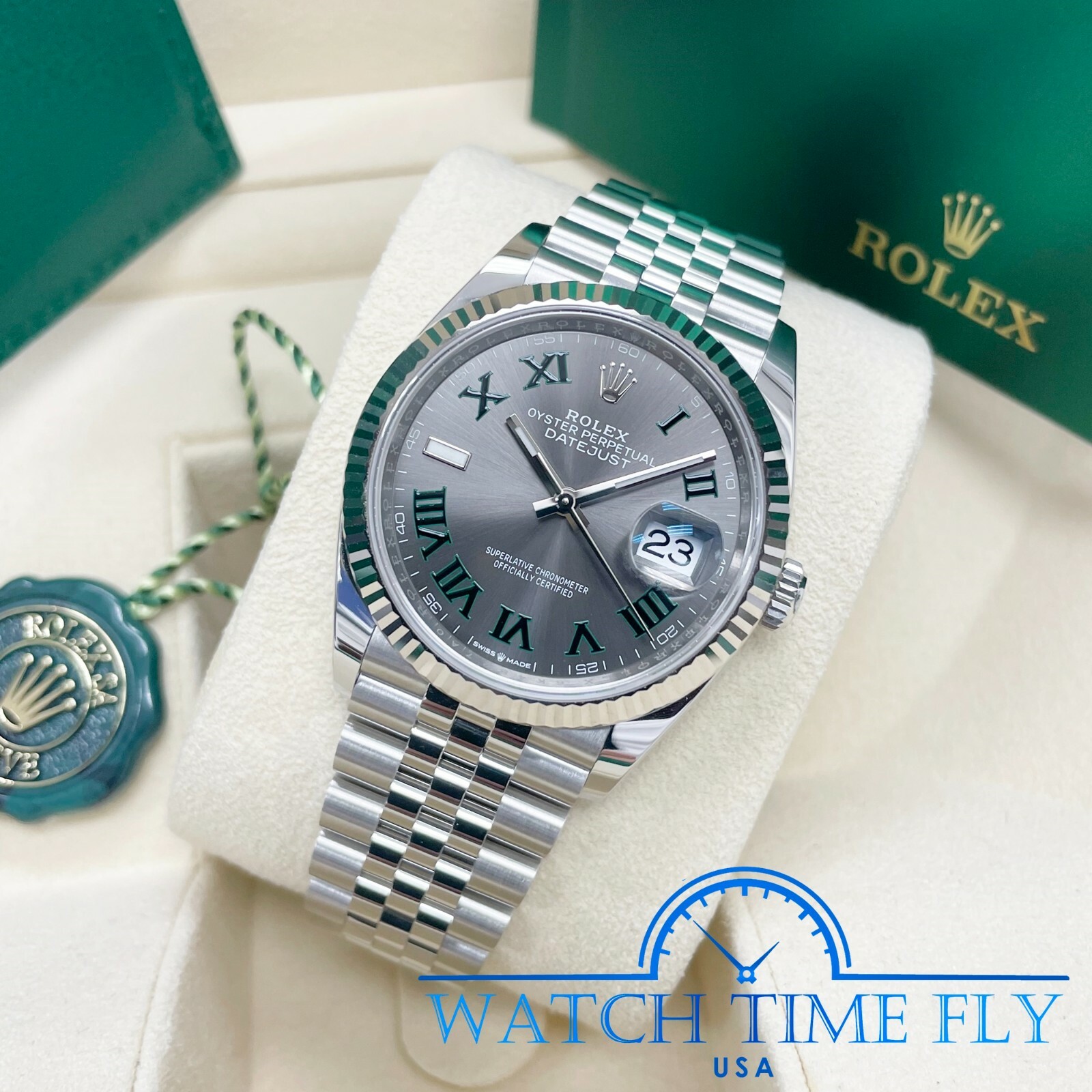 Rolex 126234 Steel Datejust 36 Fluted Bezel Wimbledon Rhodium Roman Dial Jubilee