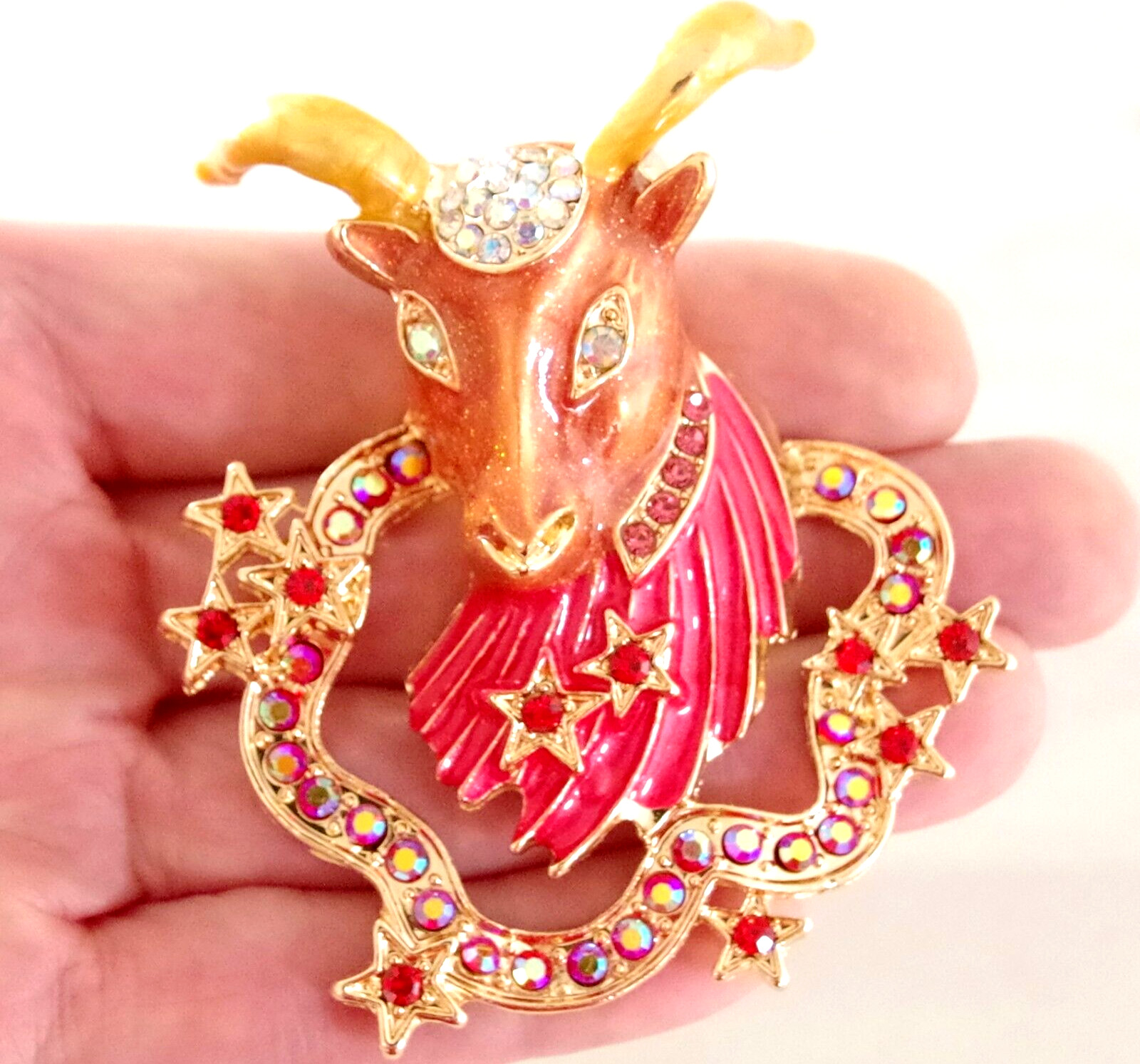 2.75″ DESIGNER STYLE CAPRICORN ZODIAC HOROSCOPE GOAT AB RHINESTONE BROOCH PIN