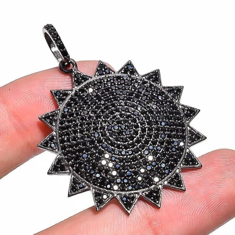 14K White Gold Plated In Sun Shape Round Simulated Black Diamond Charm Pendant