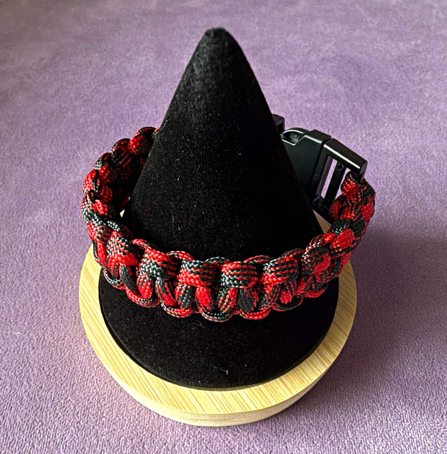 Handmade Red & Black Braided Nylon Paracord Bracelet, Plastic Buckle Closure