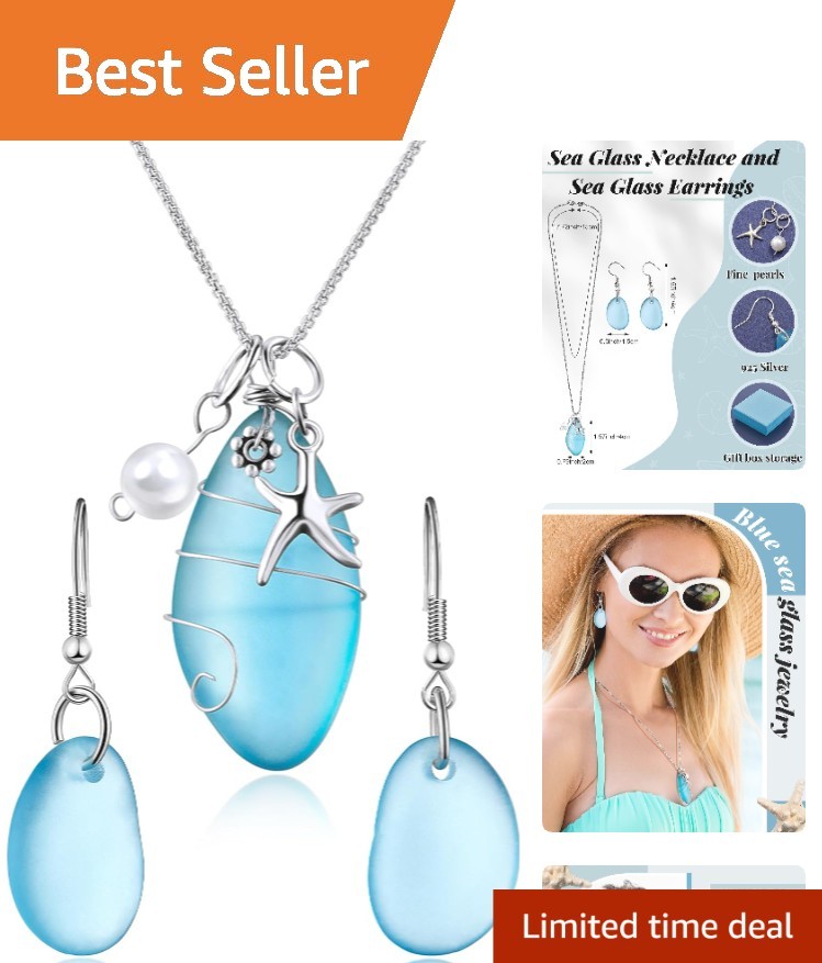 Handmade Blue Sea Glass Necklace & Earrings Set with Gift Box for Ocean Lovers