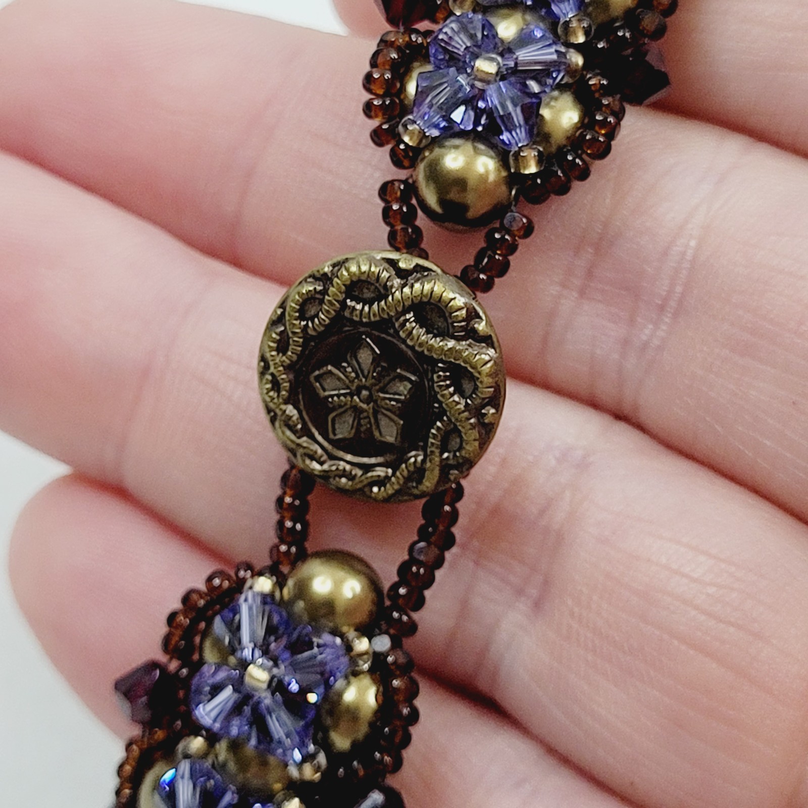 Purple Dark Red Gold Bead Woven Lace Bracelet Toggle Closure Reversible 7″ Long