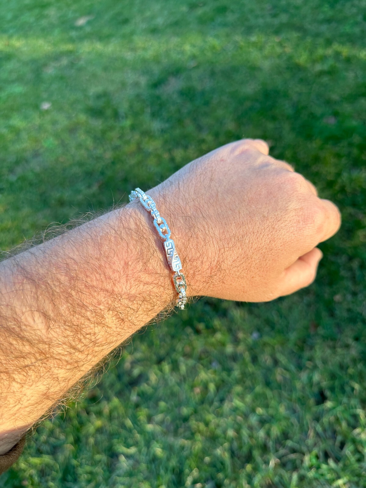 Real 7mm 925 Sterling Silver Custom Greek Key Hermes Rolo Link Chain Bracelet