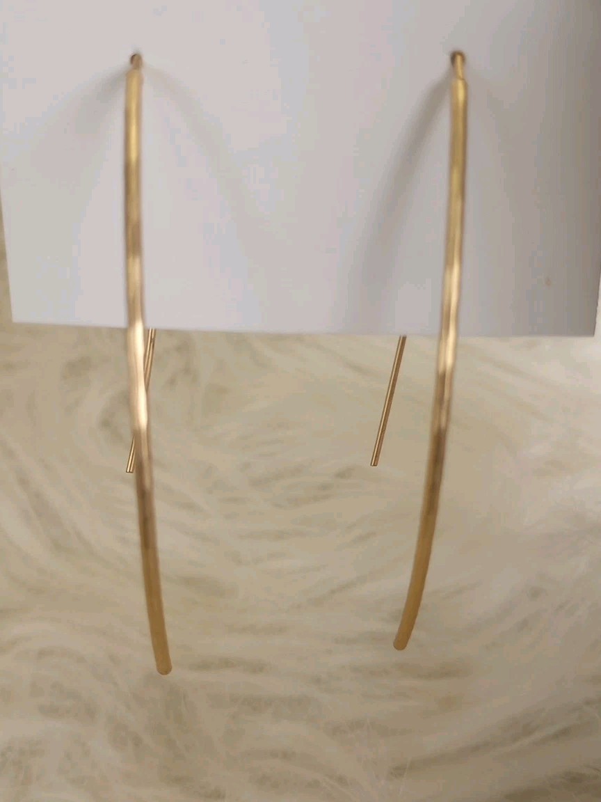 Earrings Threader Drop Yellow Gold Hammered Curved Long Medium M Women Earring