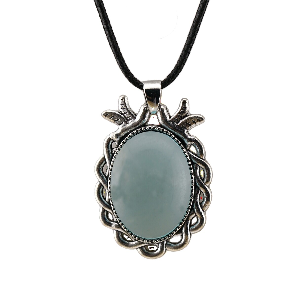 Natural Gemstone Oval Pendant with Lace and Bird Feather Wrapped Necklace