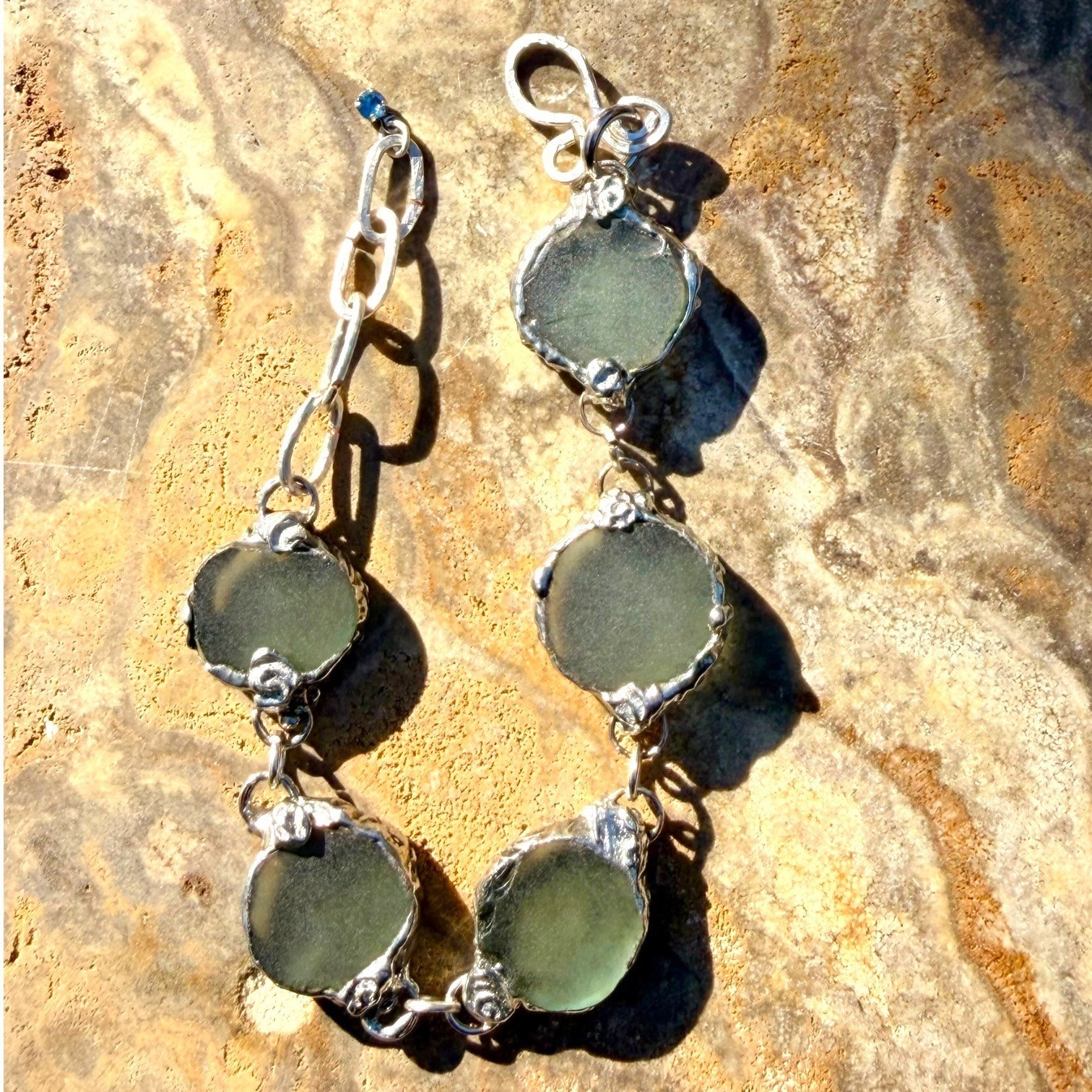 Handcrafted Sea Glass & Silver Blend Hammered Bracelet With Unique Findings
