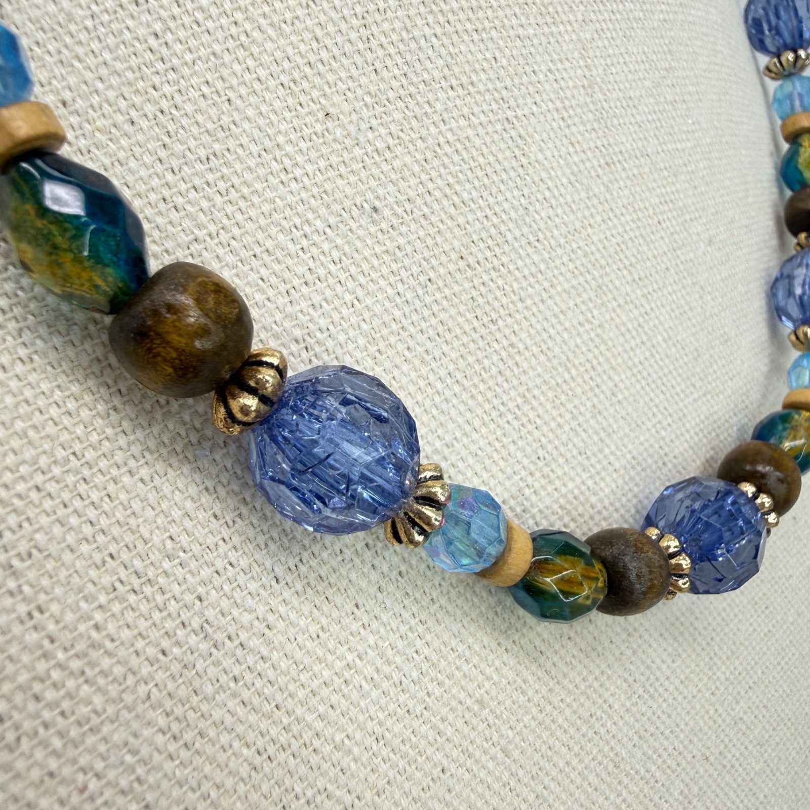 Iridescent Beaded Necklace Blue Green Gold Tone Adjustable