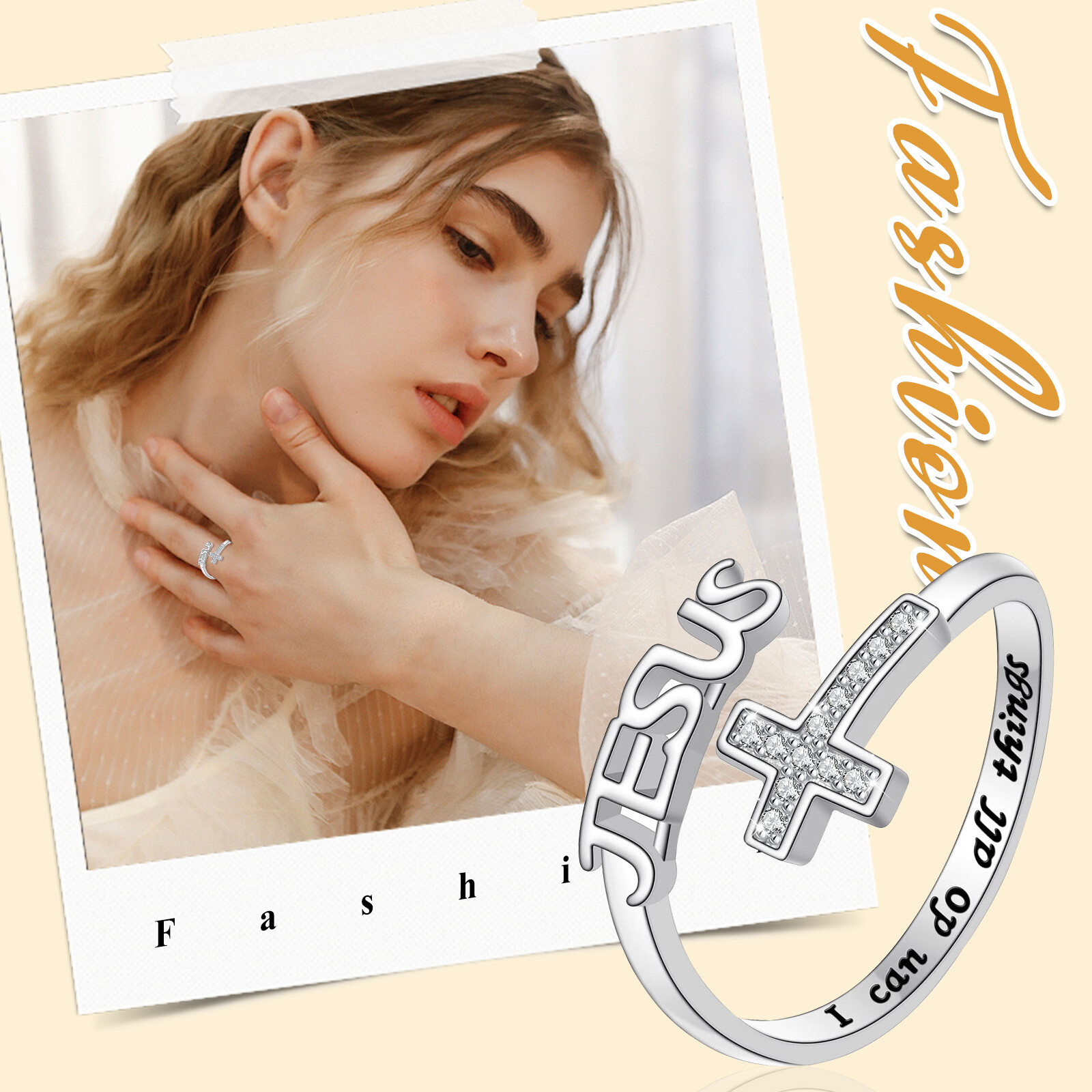 Women Christ Cross Jesus Ring I Can Do All Things Engraved Adjustable Open Band