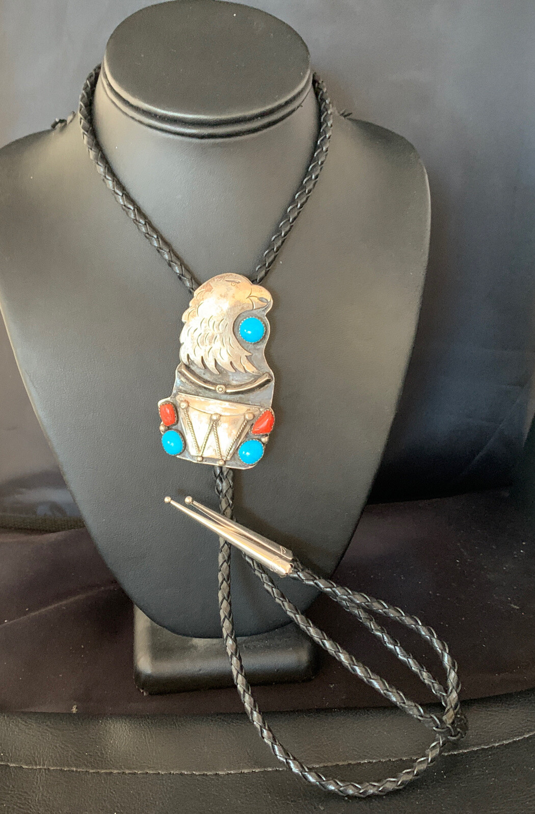 Eagle Head Bolo Tie Mens Blue Kingman Turquoise Coral Sterling Navajo 13670