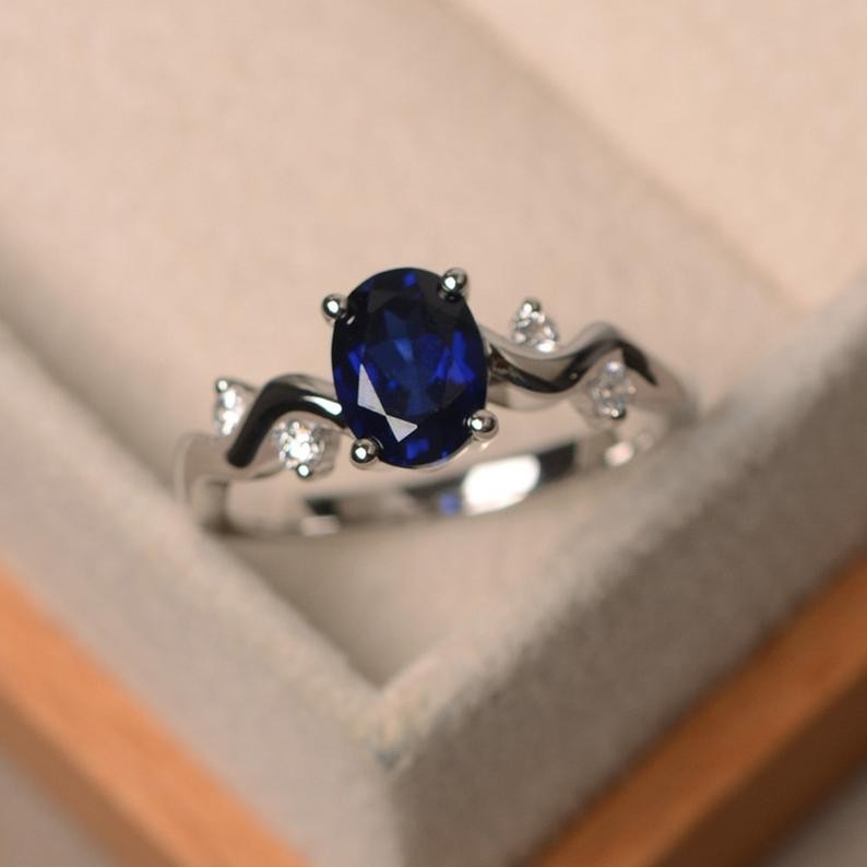 1.37 Ct Oval Cut Natural Sapphire Diamond Wedding Ring 14K White Gold Size 7