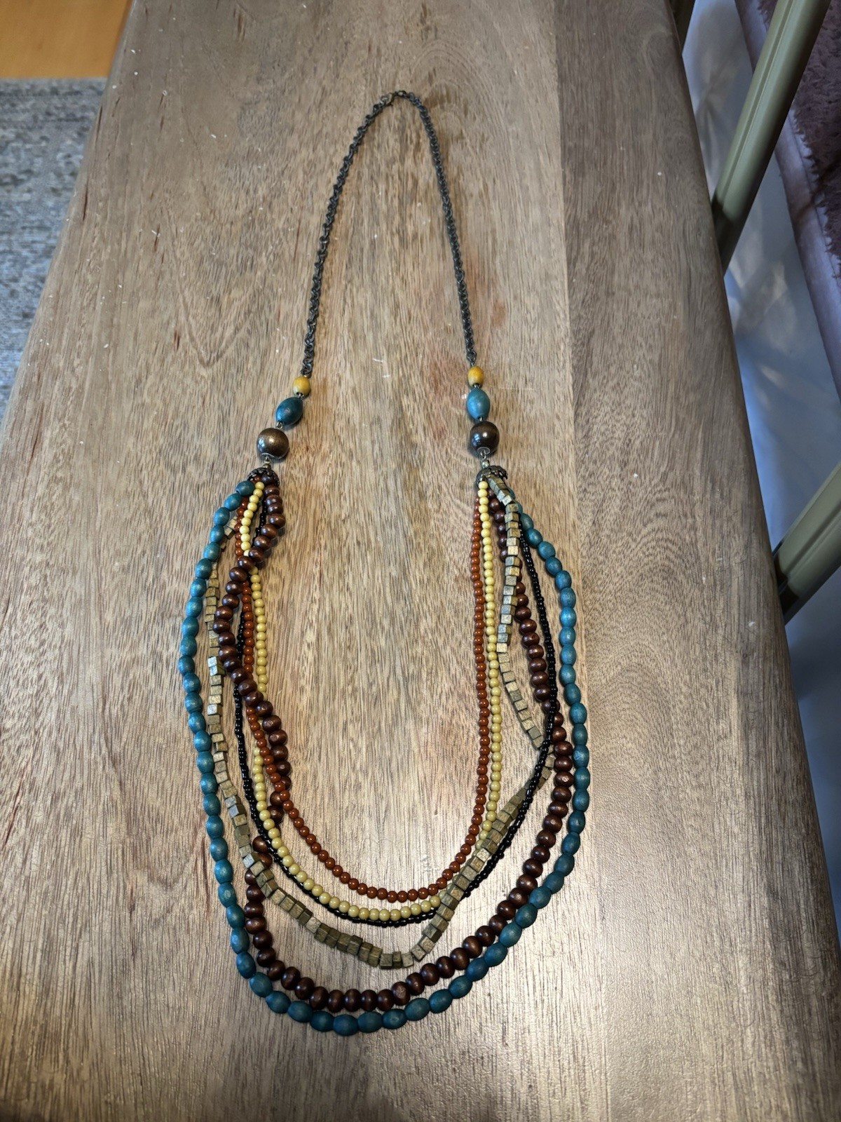 Multi-Strand Beaded Wood Metal Necklace Blue Brown Yellow Black for Women