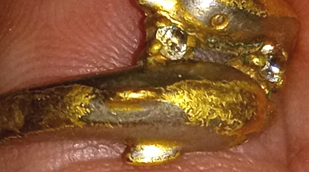 Double Dolphin Size 7 Ring With Gemstones Worn Patina 18K Stamped GF Or GE?