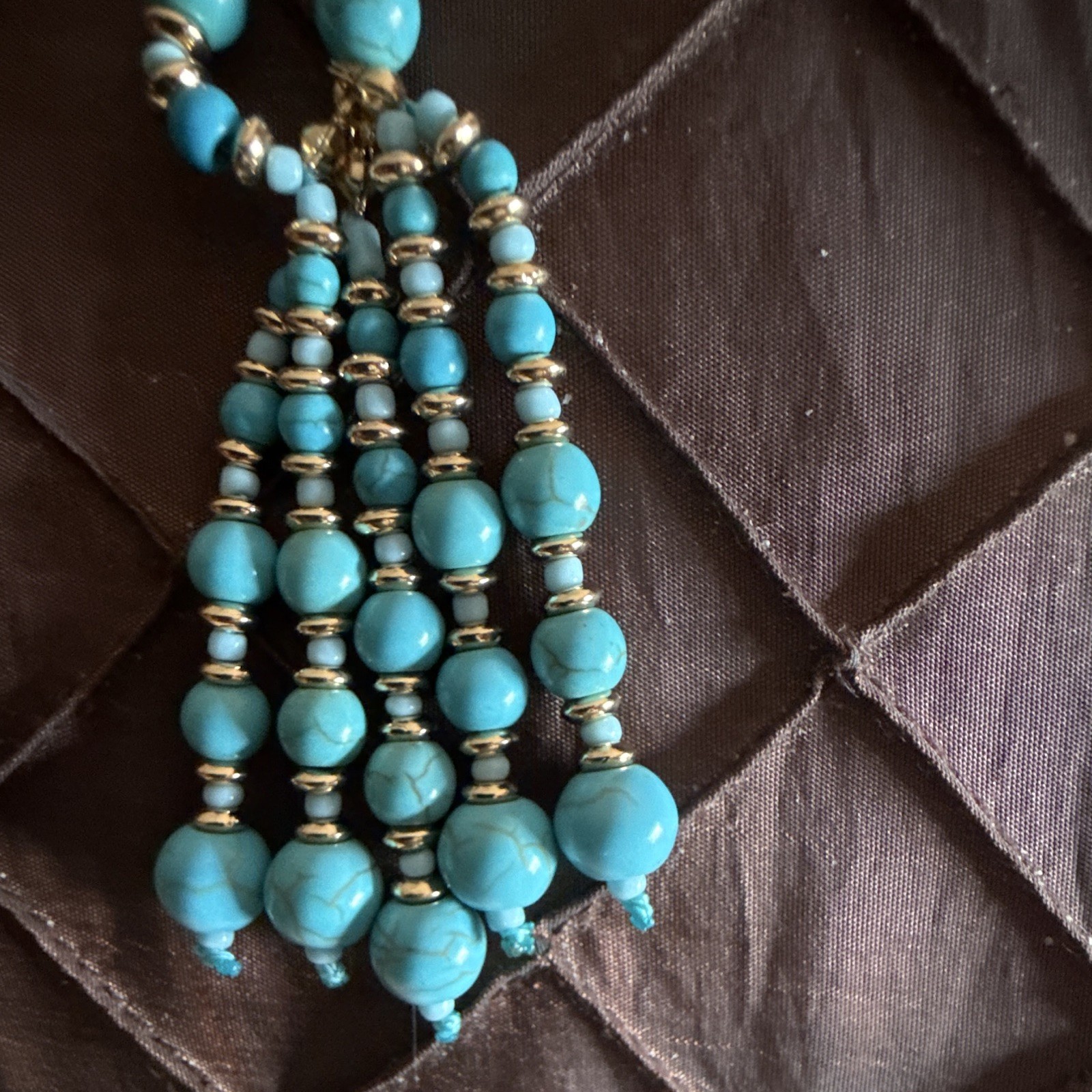 Turquoise Beaded Necklace Gold-Tone Tassel Pendant Adjustable Lobster Clasp