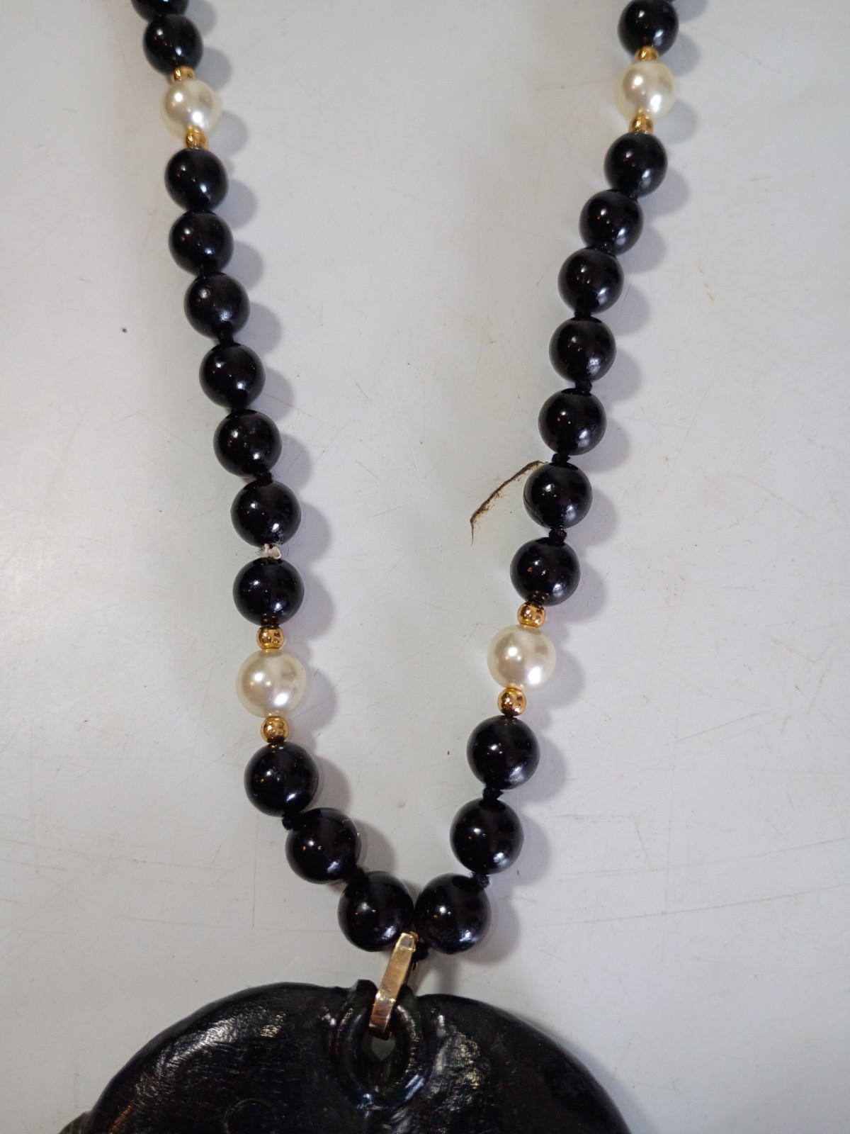 Estate Black Jade 14K Gold Pearl Double Koi Fish Beaded Necklace 28″