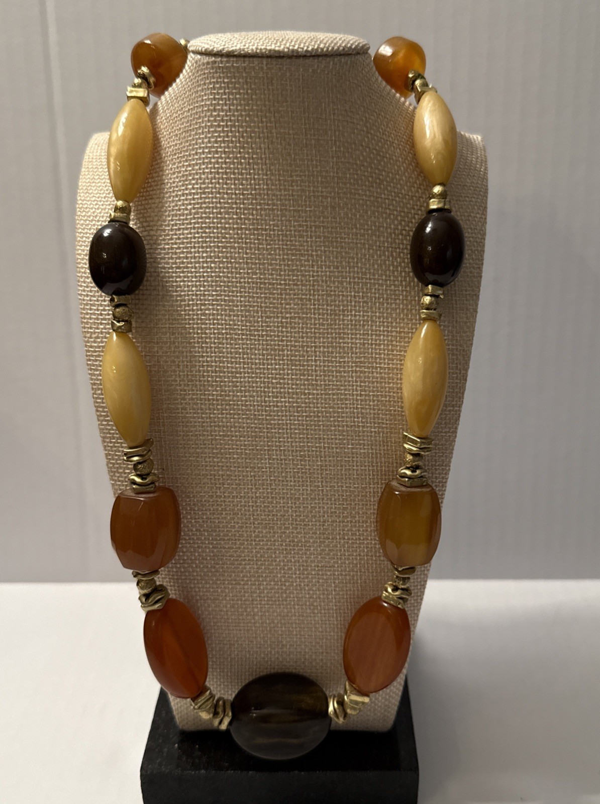 Vtg Amber & Lucite Earth Tone Bead Long Strand Necklace Retro Boho Chic 23” Adj.