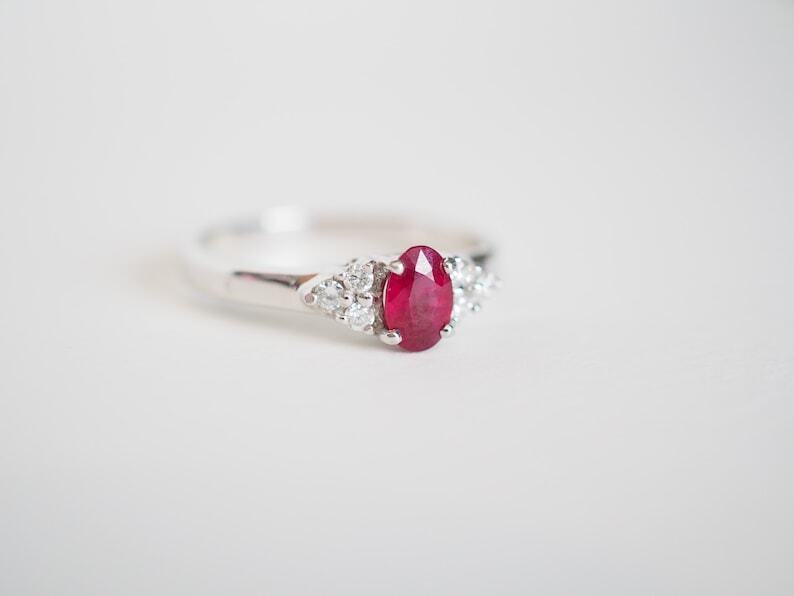 10K Solid White Gold Natural Ruby and Diamonds Solitaire Women Promise Ring
