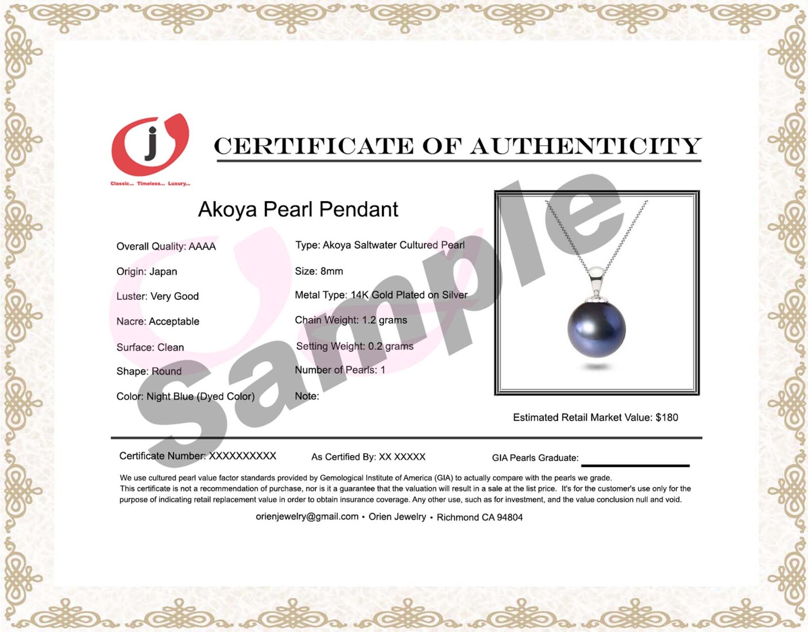 7-9mm Akoya Pearl Pendant AAAA Graded Night Blue Pearl Necklace Silver Settings