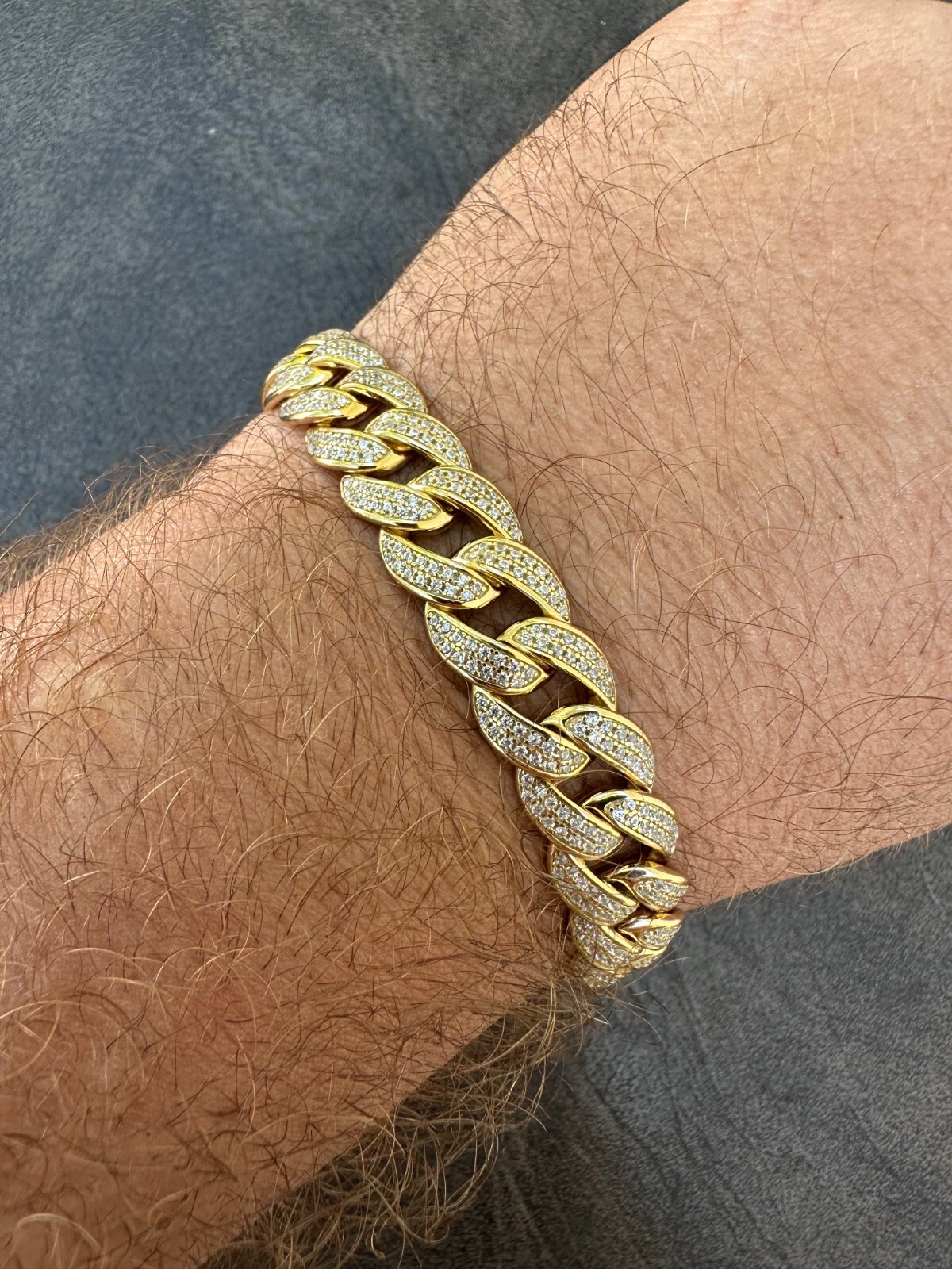 Mens Miami Cuban Link Bracelet Real Icy Solid 14k Gold Plated 925 Silver CZ 12mm
