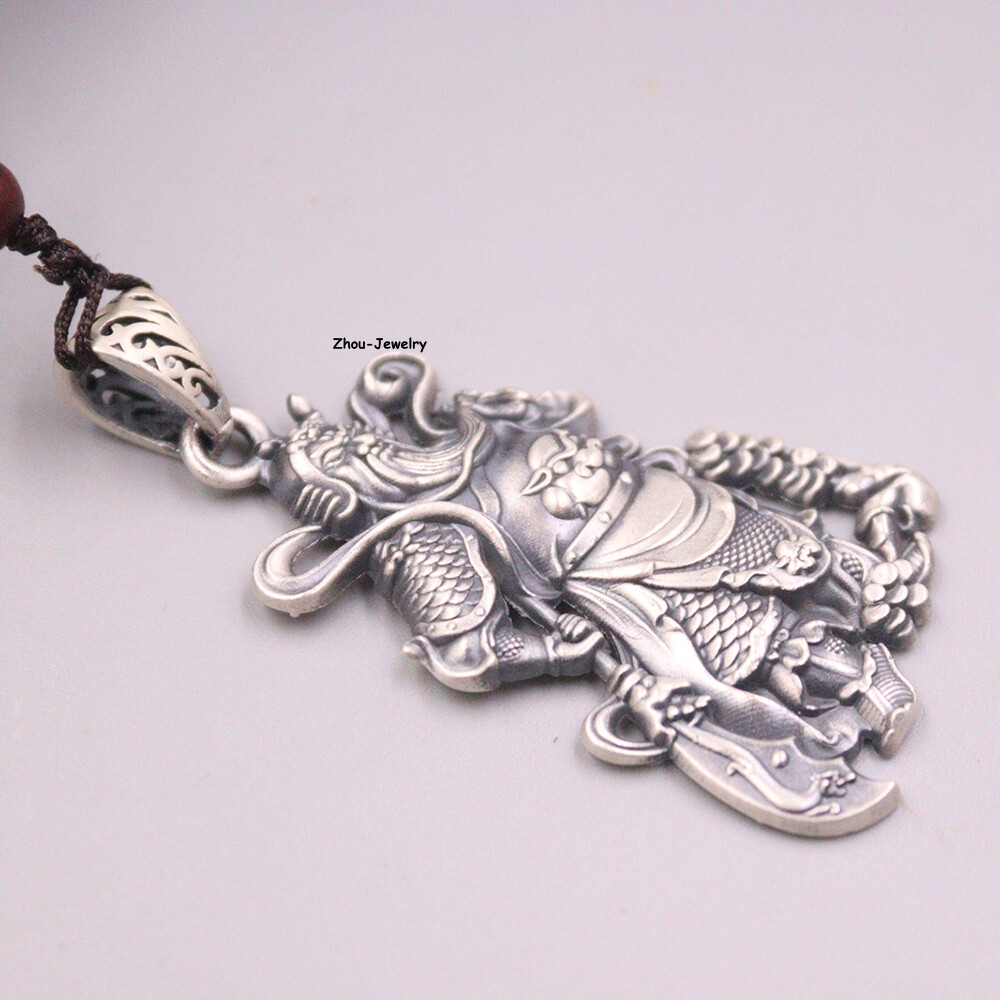 Pure S999 Fine Silver 999 Men Women Lucky Guangong Oblong Pendant 51*26mm
