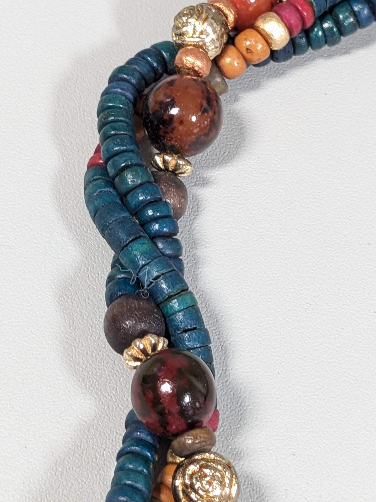 Vintage Gold Tone Green Blue Brown Wood Twist Necklace 24 inches