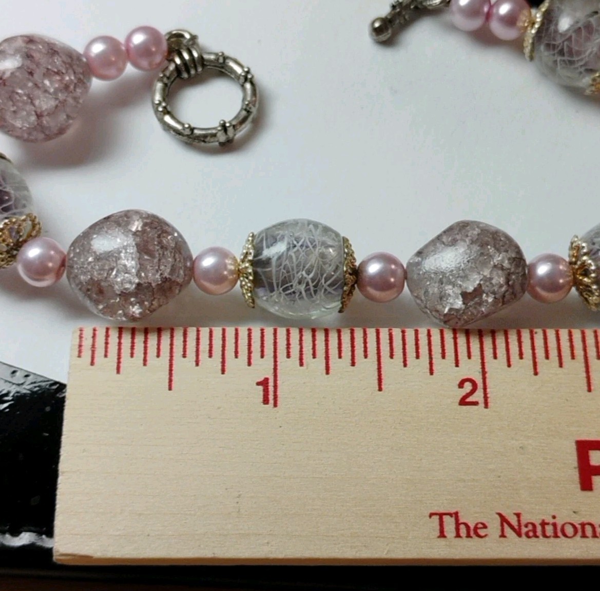 Artisan Chunky ART Glass (Crackle/Swirl) Dusty Rose Faux Pearl Bracelet!