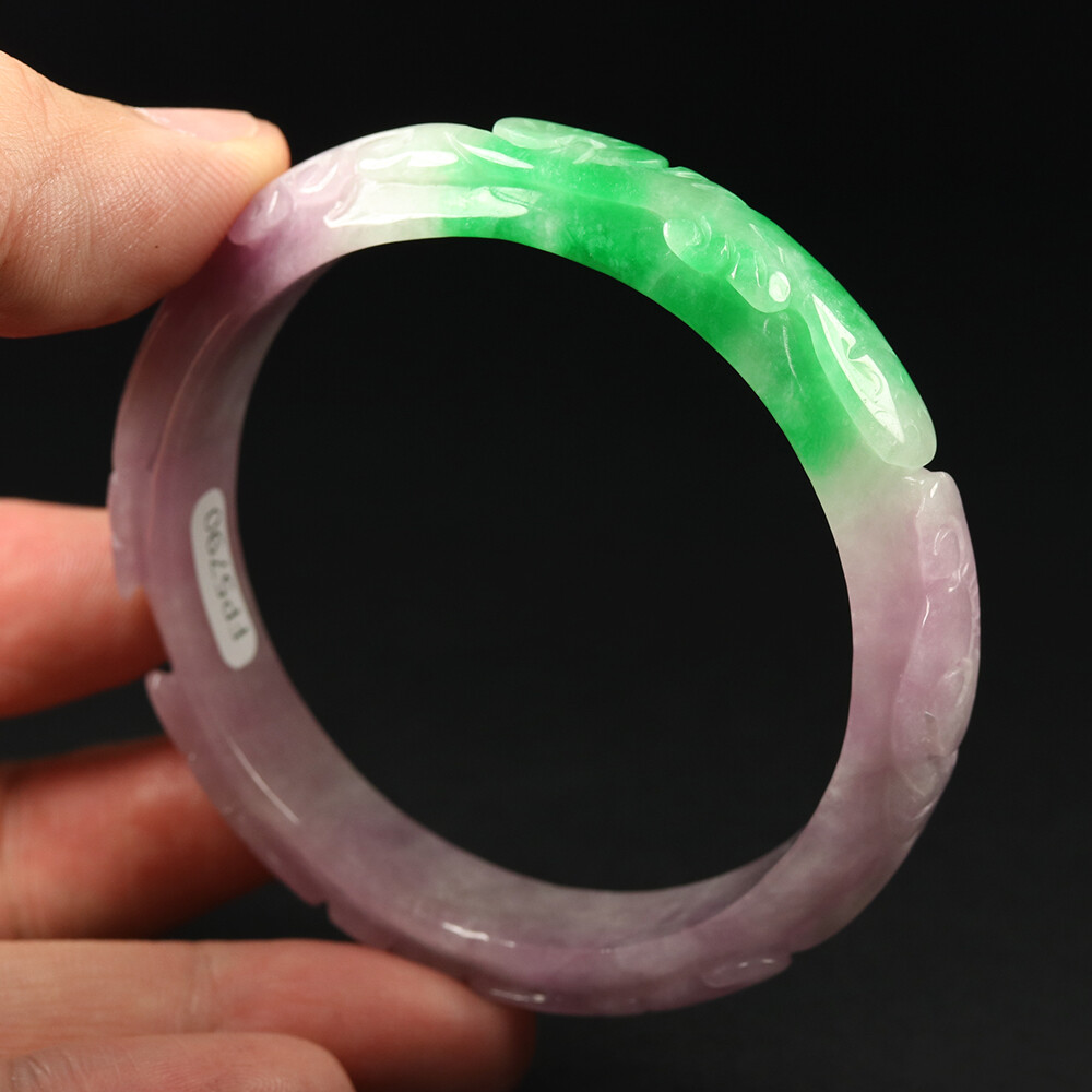 57mm Lavender Purple Green Jadeite Jade Bangle Bracelet Ruyi Bat Coin 11633