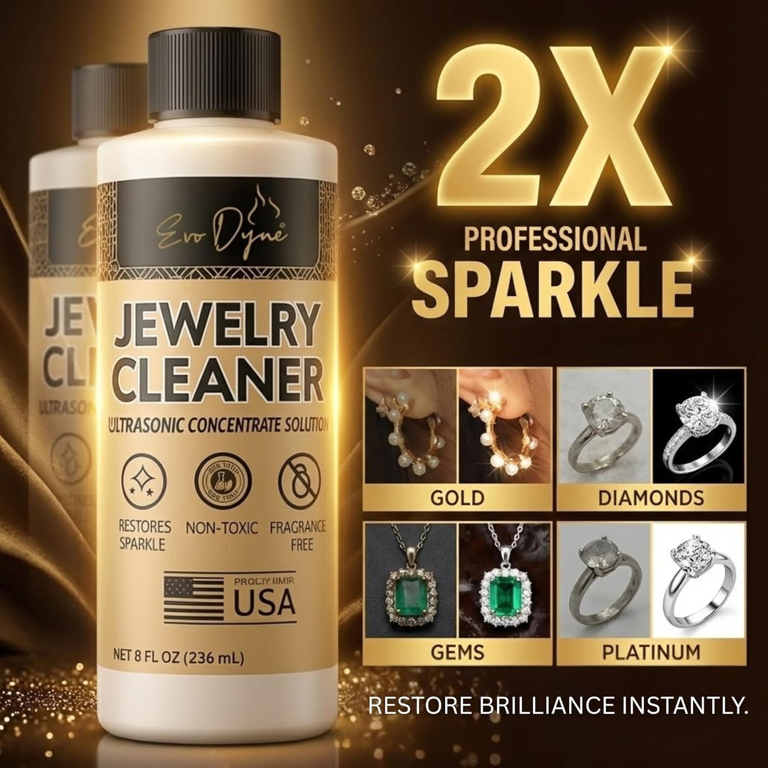 16oz Ultrasonic Jewelry Cleaner Solution for Diamonds, Gold & Silver – Pack of 2