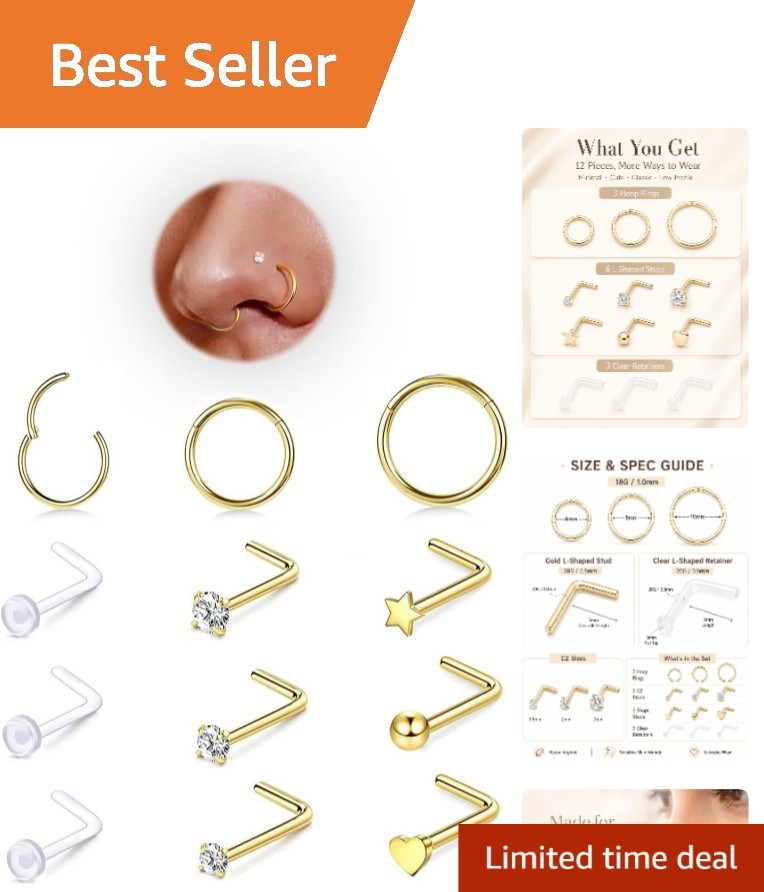 Fashion-Forward 12PC Gold Plated Nose Rings and Studs – Perfect for All Styles