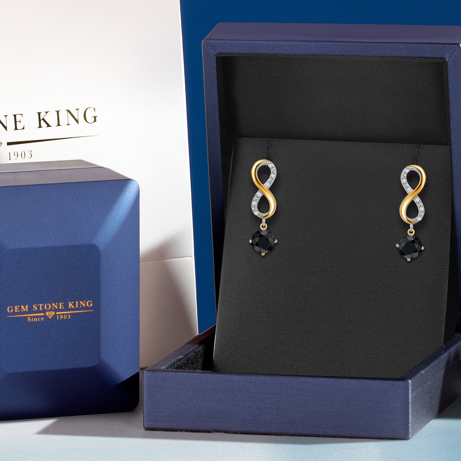 925 Silver and 10K Yellow Gold Black Sapphire and Lab Grown Diamond Dangle