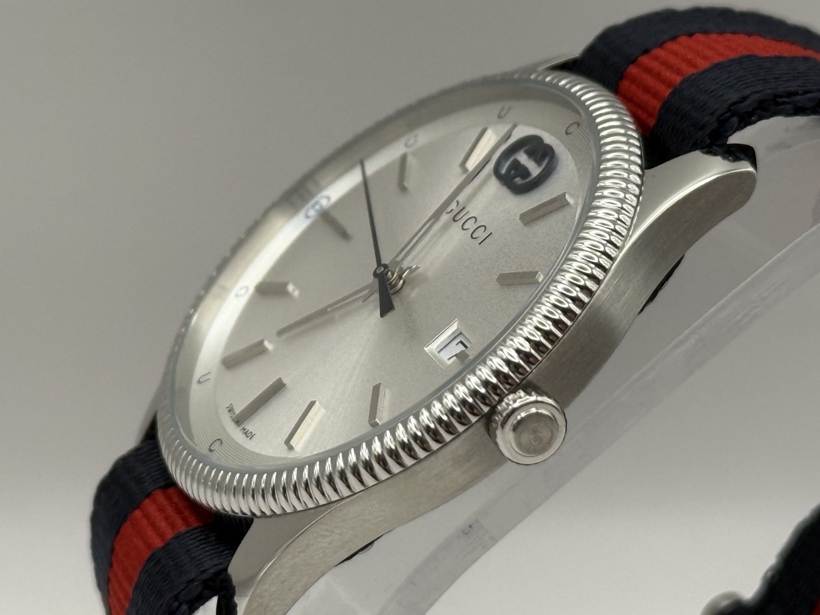 Gucci G-Timeless Silver Dial Blue and Red Nylon Strap Watch 38mm YA1264237