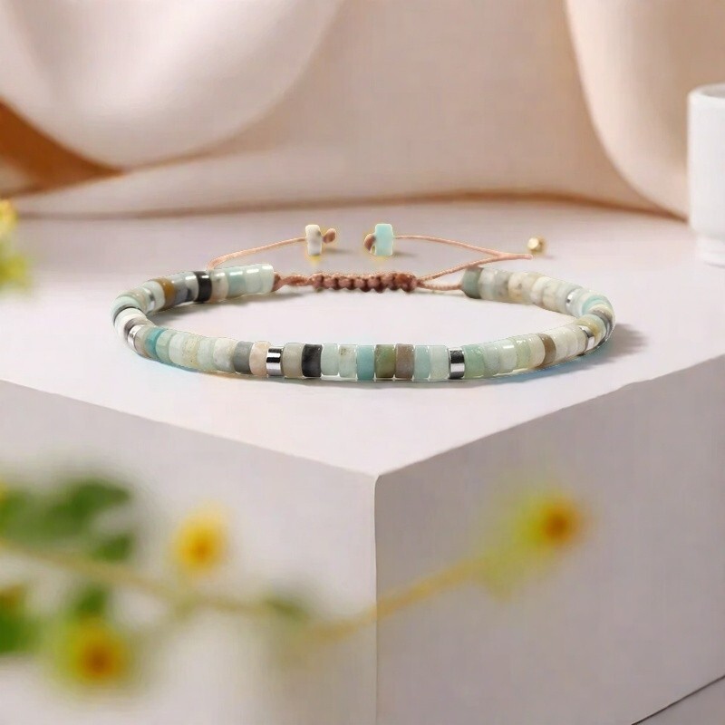 Natural Light Amazonite 2*4 Tube Beads Healing Charka Lucky Wax Rope Bracelet