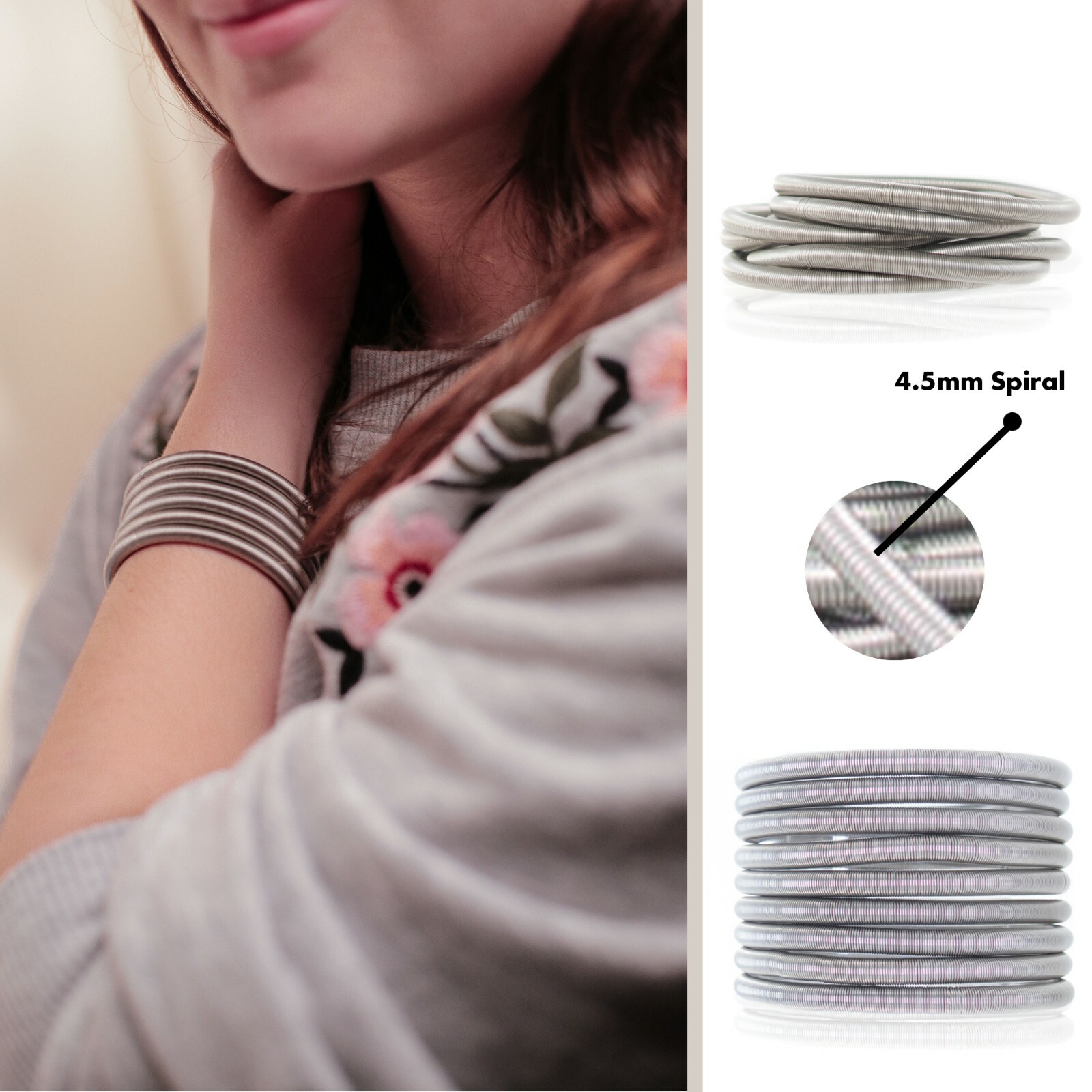 24 PCS 4.5mm Silver Guitar String Bracelet Set, Womens Coil Bracelets, Stackable