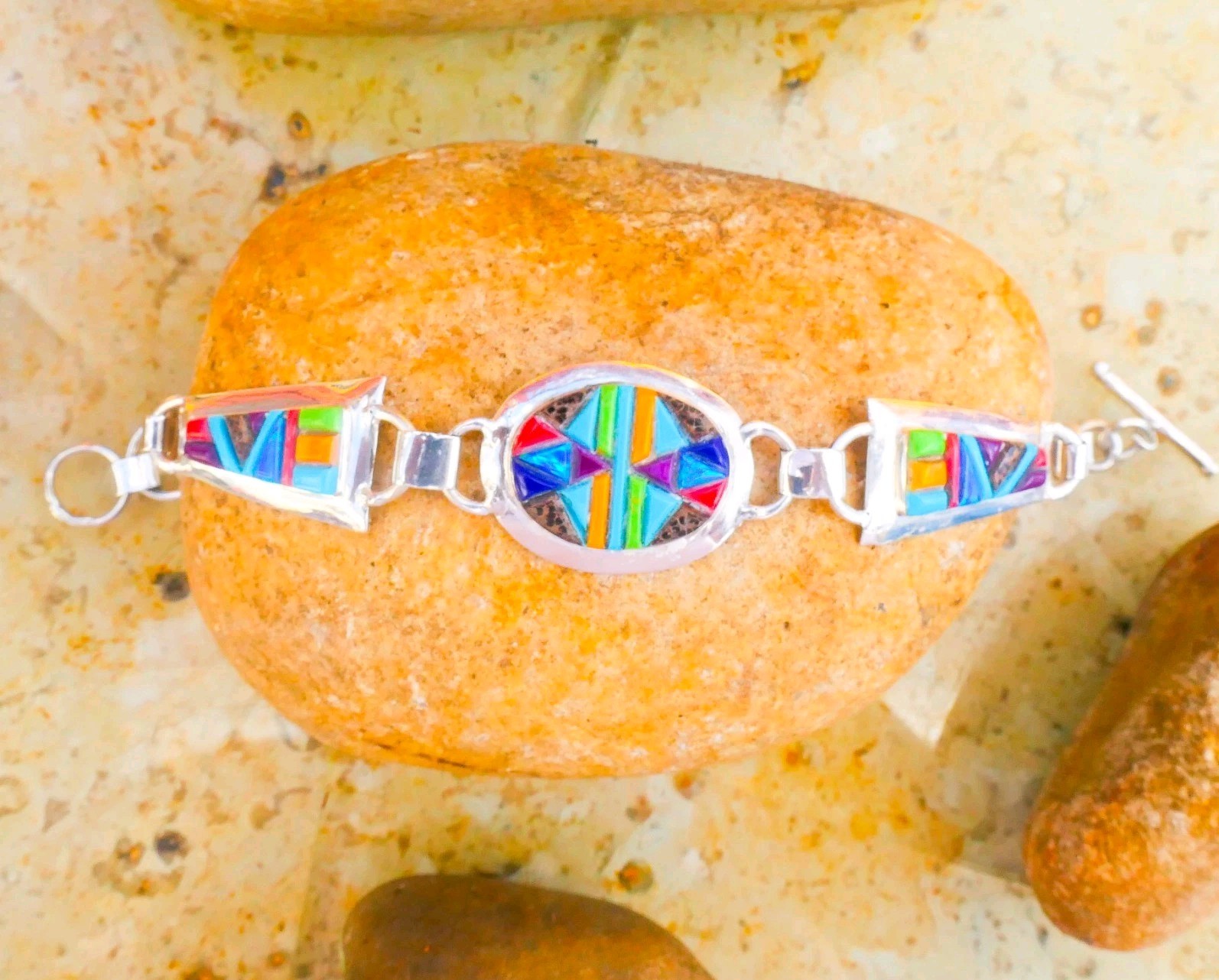 Native Sterling Silver Multi-Gemstone Inlay Cobblestone Toggle Bracelet 17.55g
