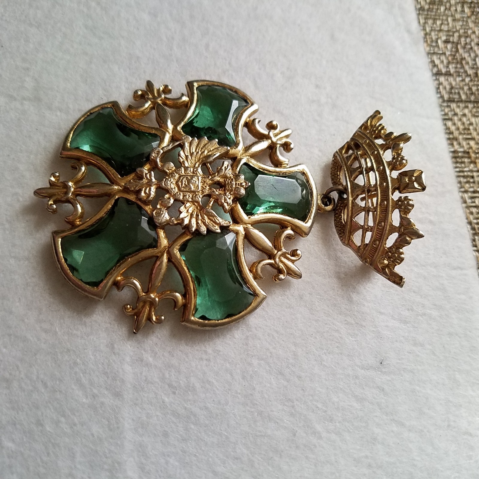 Vintage Crown Doubled-Headed Eagle Shield Green Rhinestone Fleur de Lis Brooch