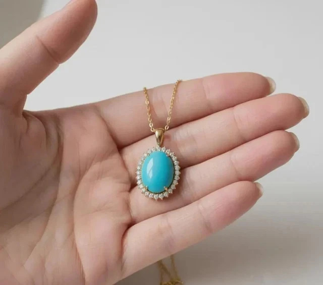Oval Cut Lab Created Turquoise Womens Pendant 14K Yellow Gold Plated with Chain