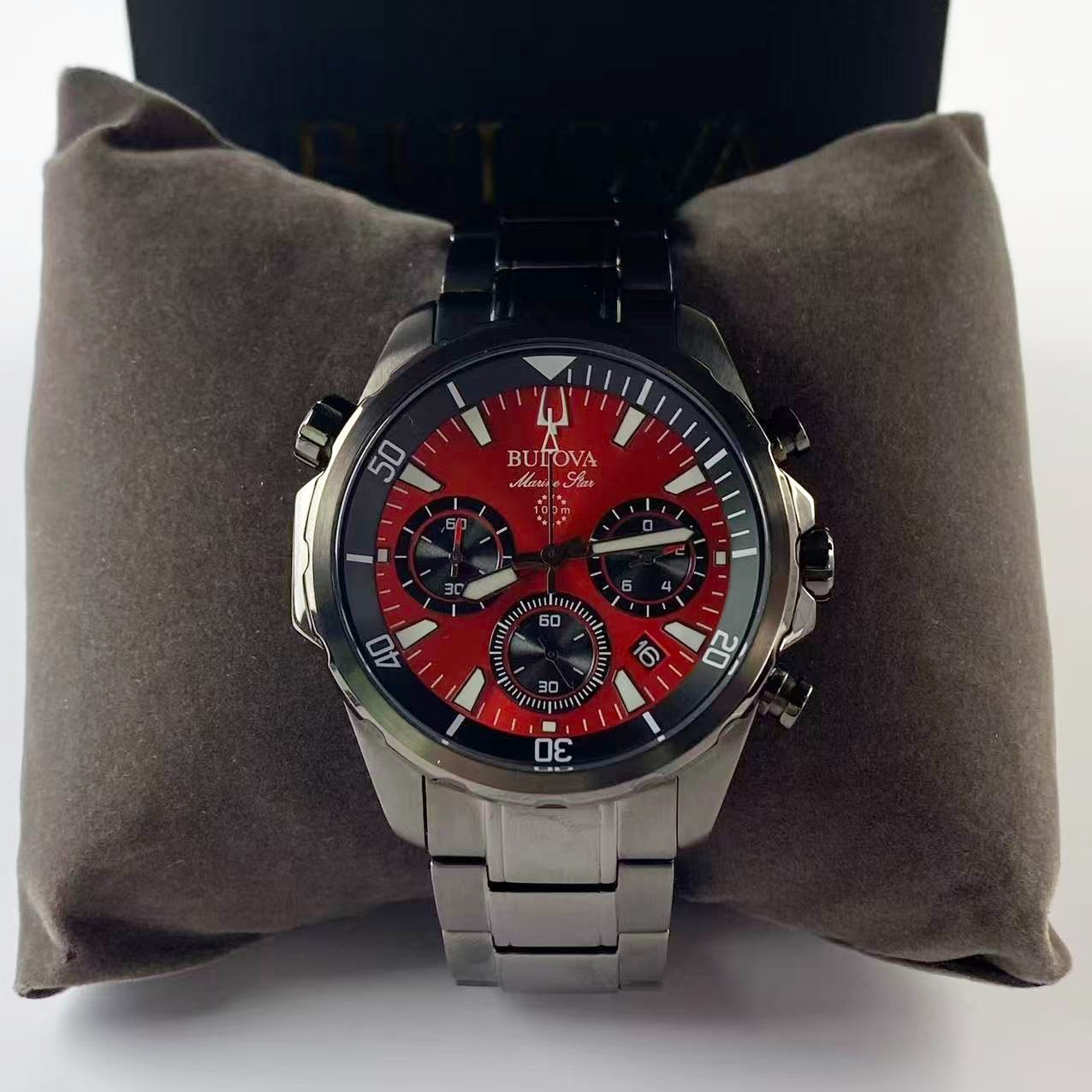 New Bulova Marine Star 98B350 Red Dial Men’s Chronograph Quartz Watch 43 mm