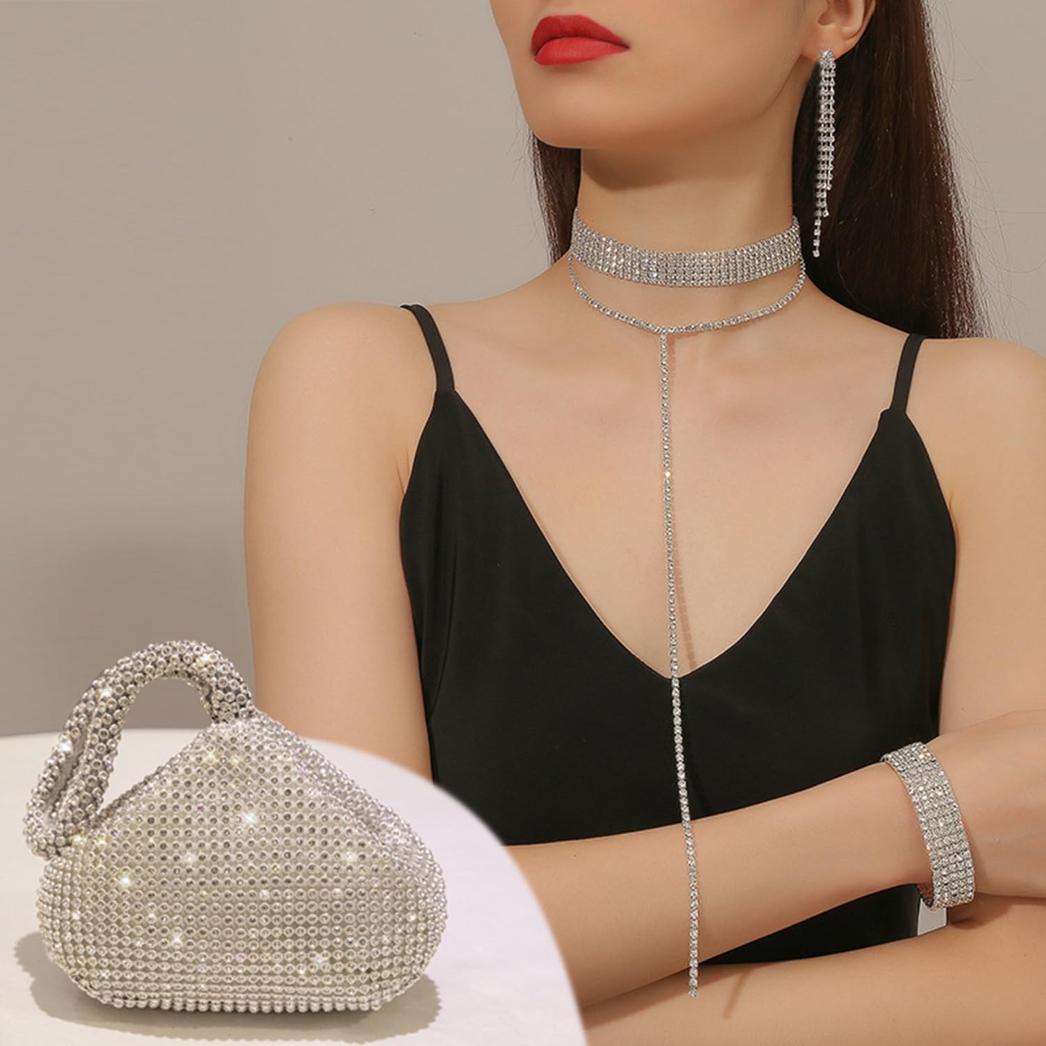 Rhinestone Jewelry Set for Women Wedding Bridal Triangle Bling Clutch Bag Gli…