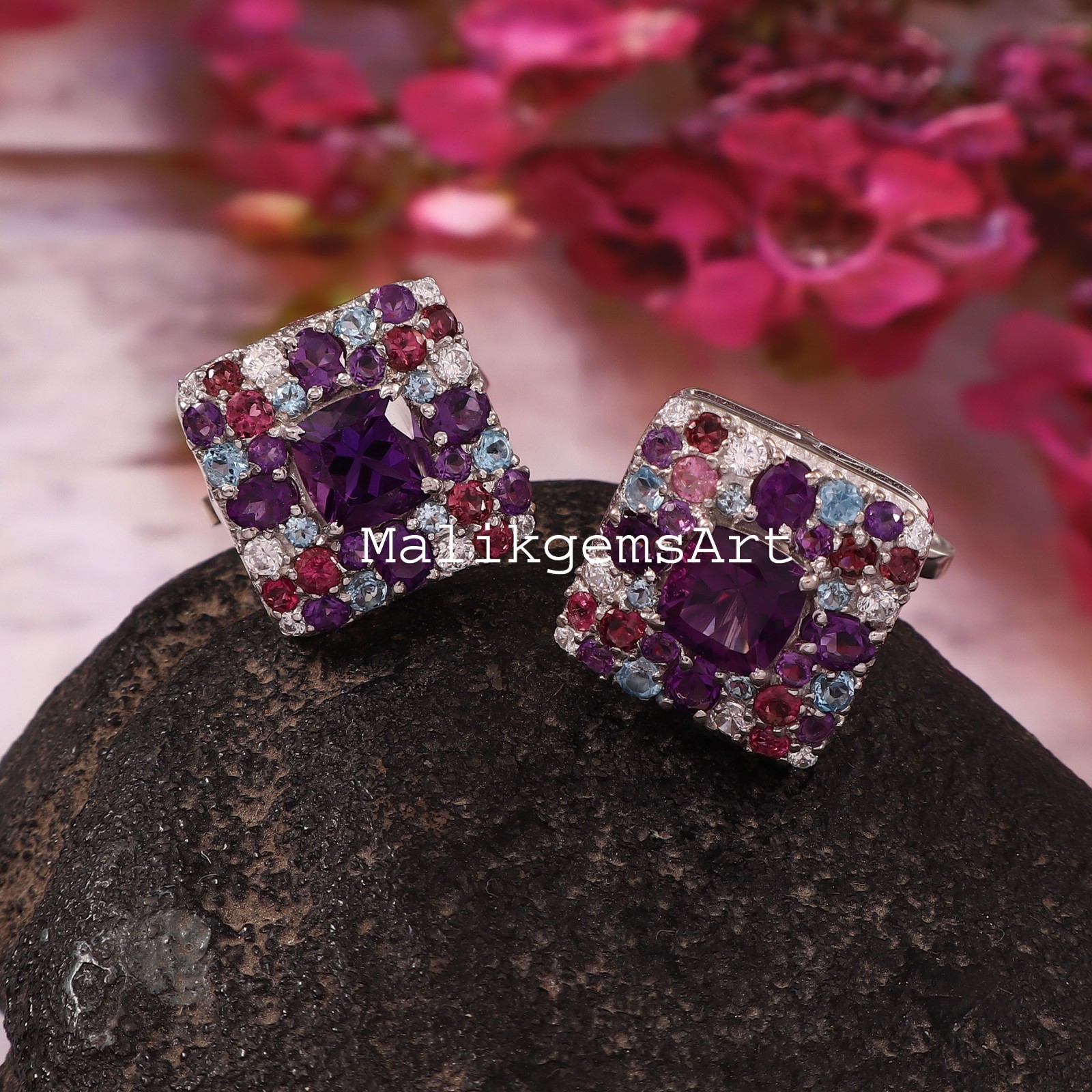 Natural Amethyst Blue topaz Multi Gemstone with 925 Sterling Silver Cufflinks #5