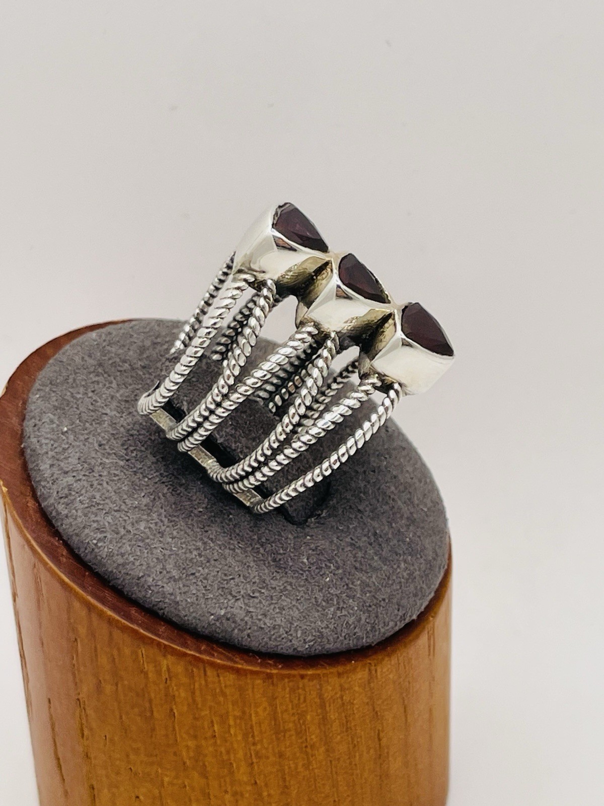 Triple Mozambique Garnet 925 Sterling Silver Wire Twisted Designed Ring Size 8